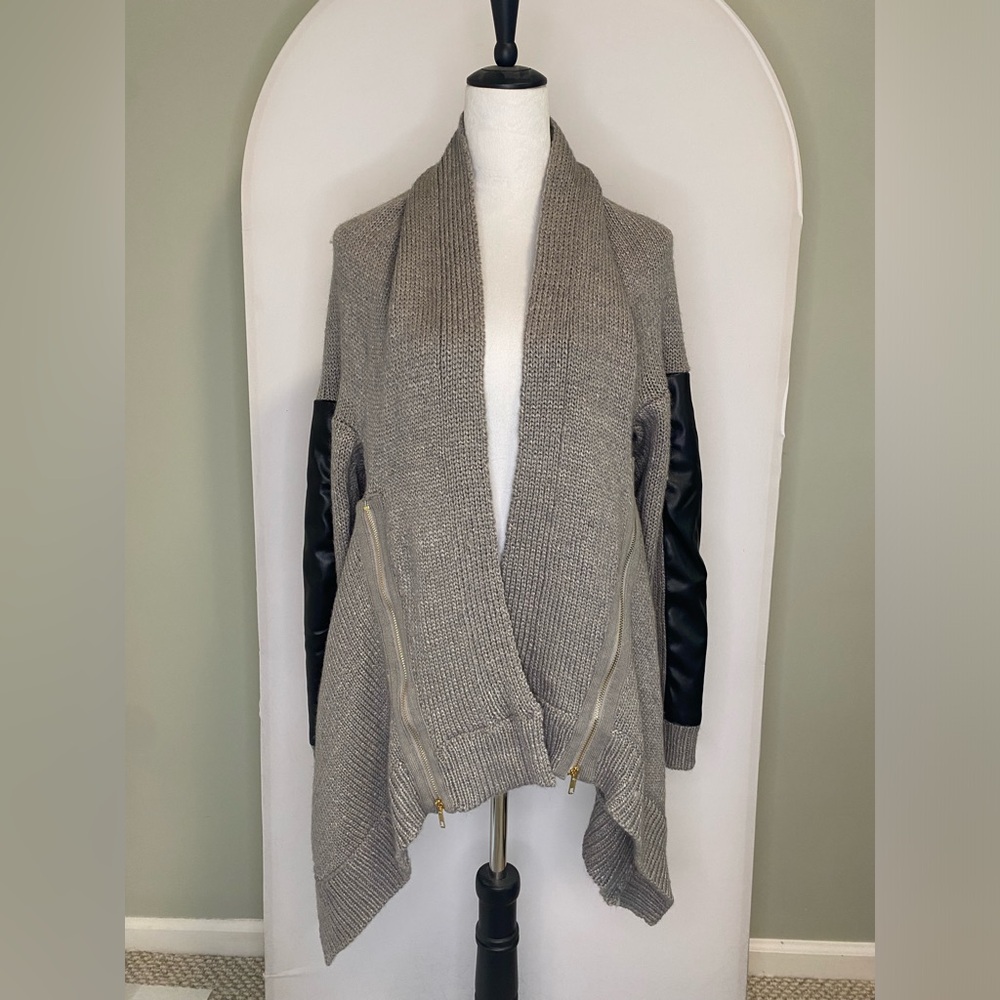Vici Collection grey asymmetrical sweater with leather arm details